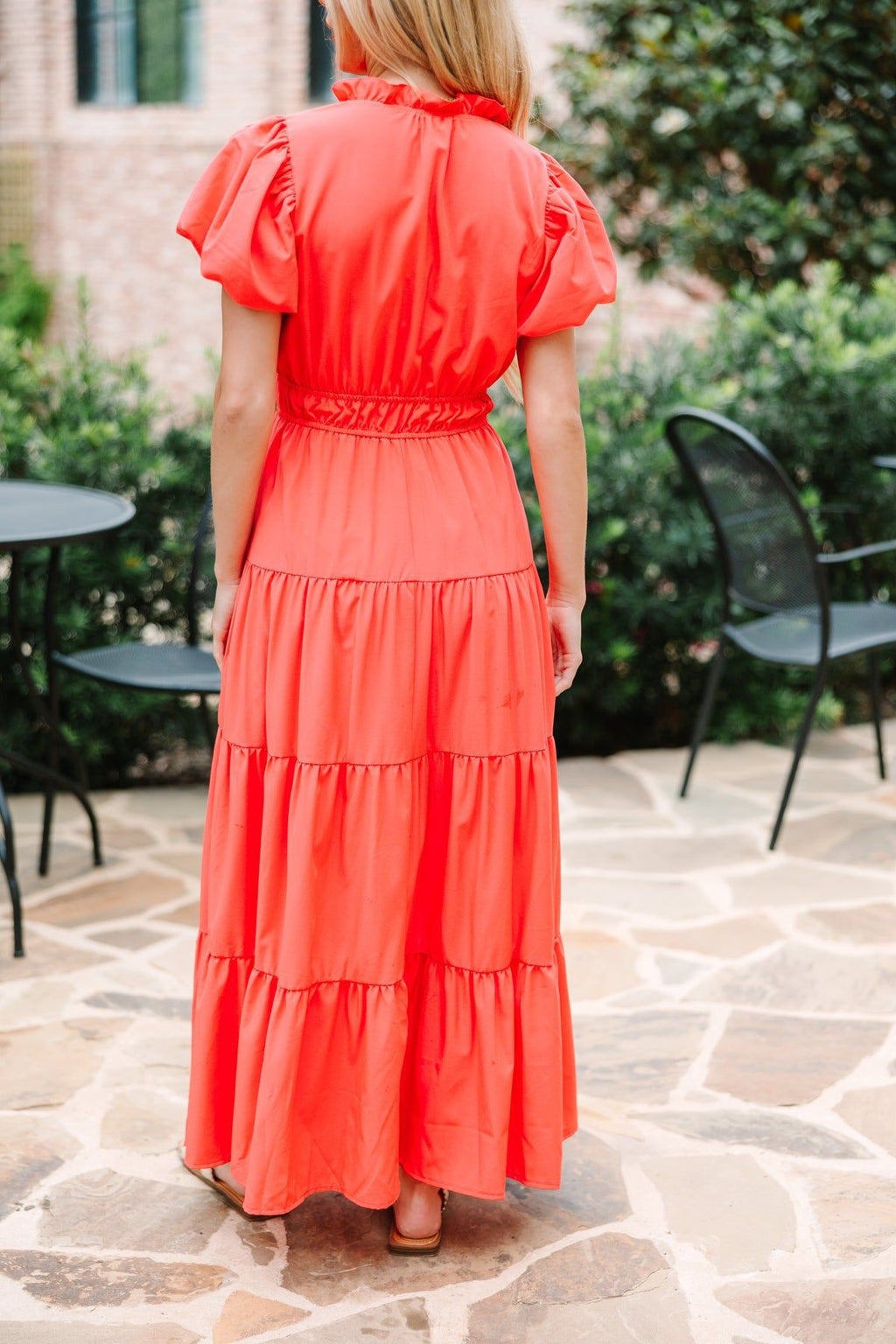 Split Neck Puff Sleeve Tiered Maxi Dress - Orange - 2