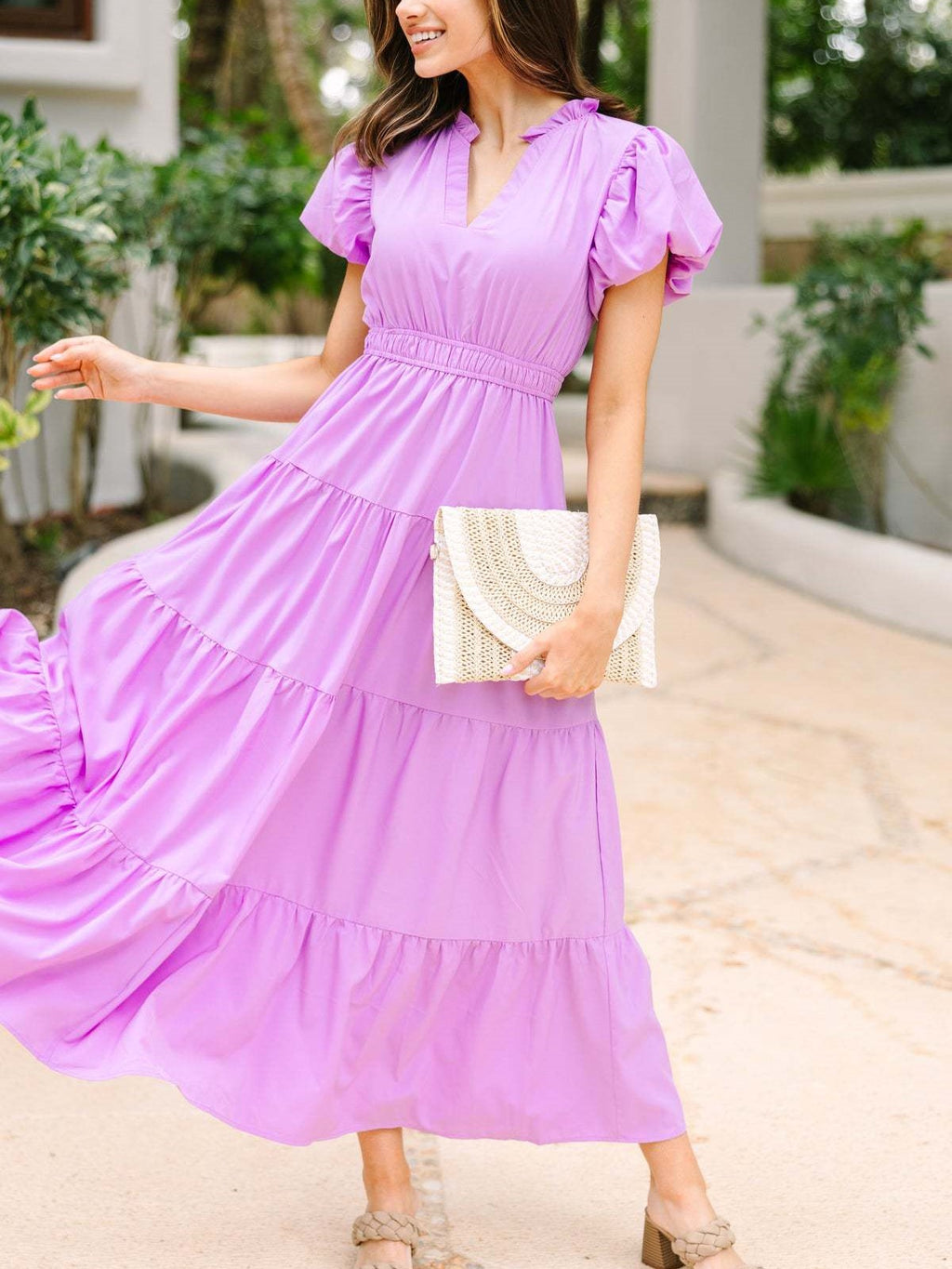 Split Neck Puff Sleeve Tiered Maxi Dress - Violet
