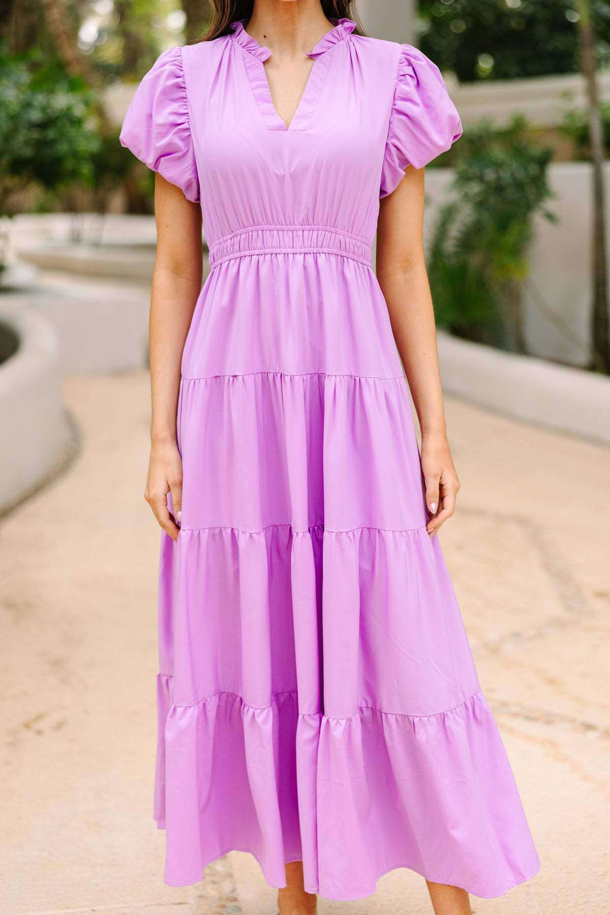 Split Neck Puff Sleeve Tiered Maxi Dress - Violet - 2