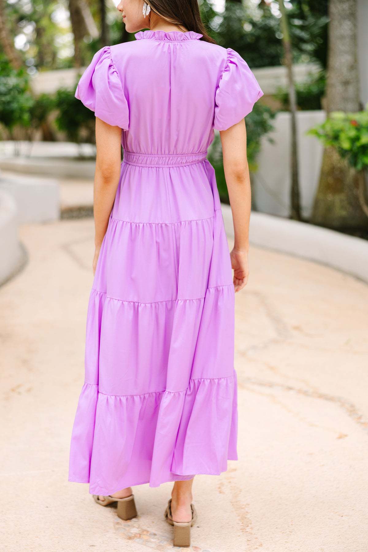 Split Neck Puff Sleeve Tiered Maxi Dress - Violet - 3