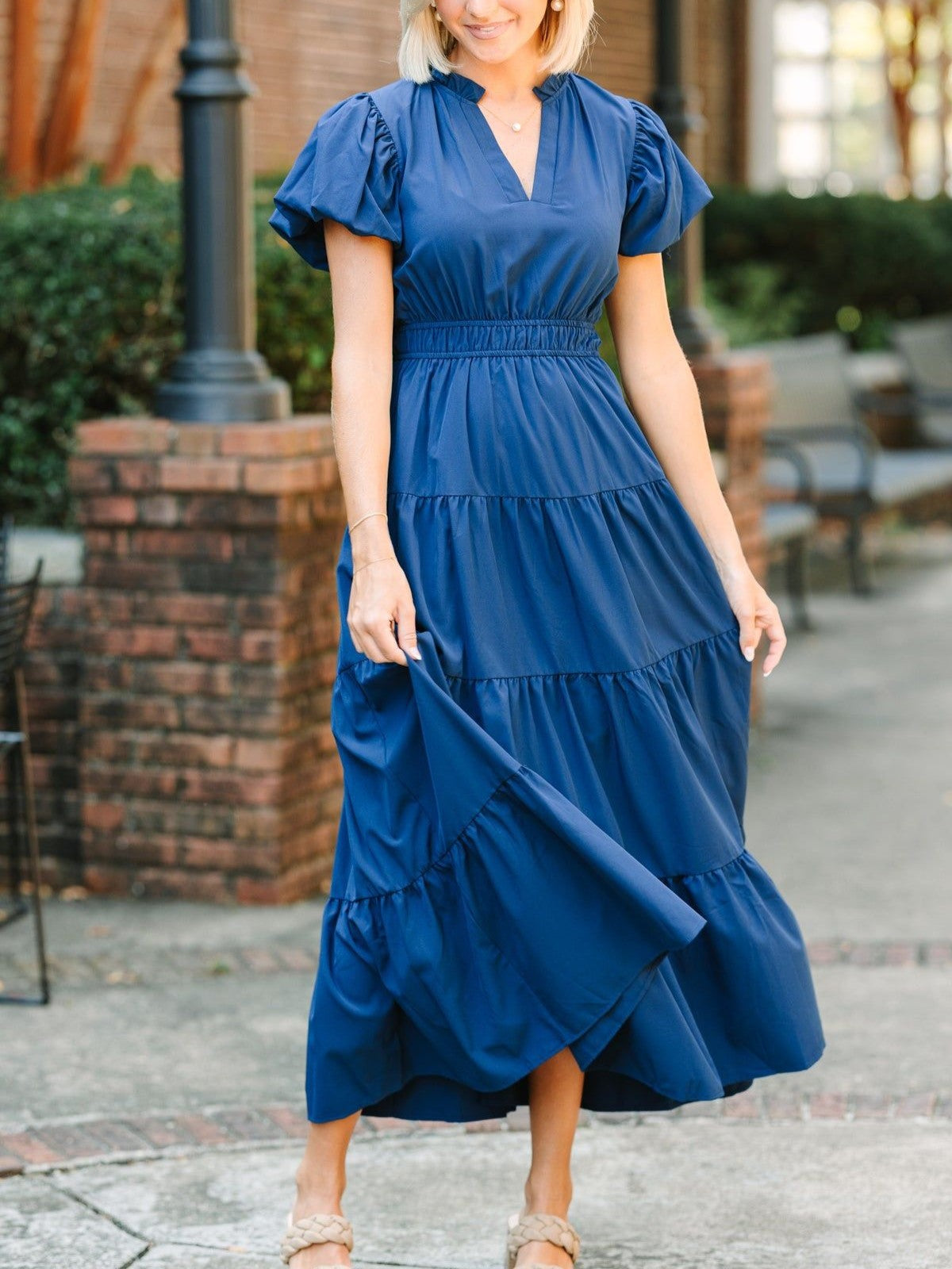 Split Neck Puff Sleeve Tiered Maxi Dress