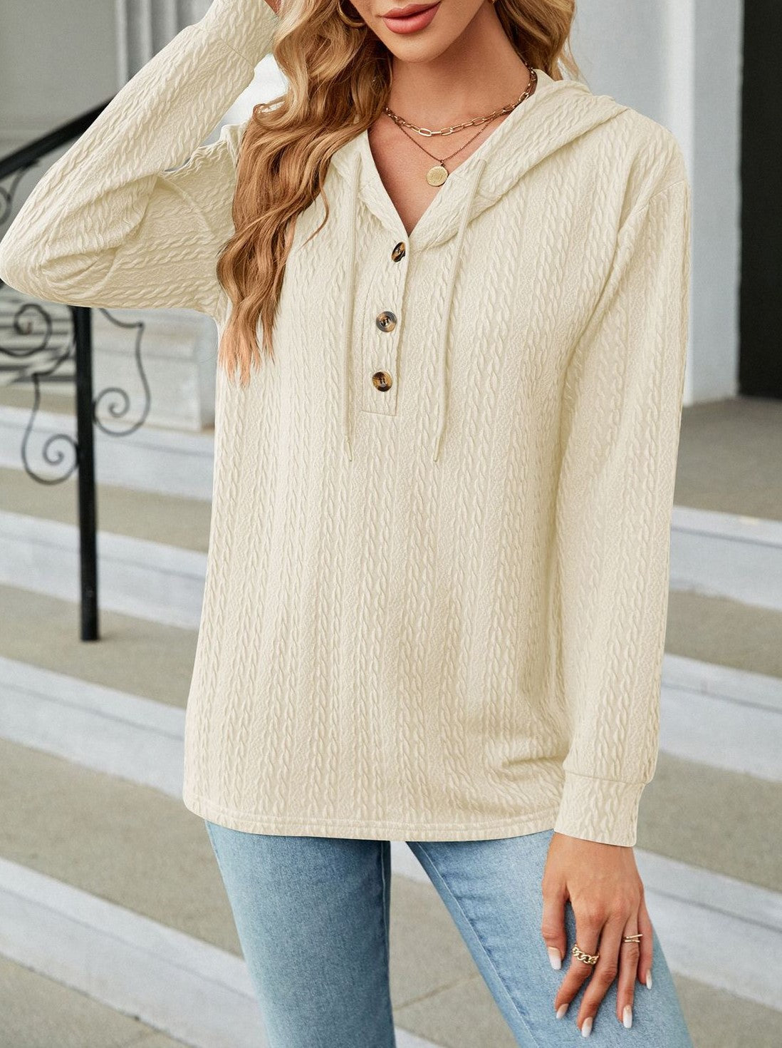 Textured Knit Button Placket Drawstring Hoodie - Apricot