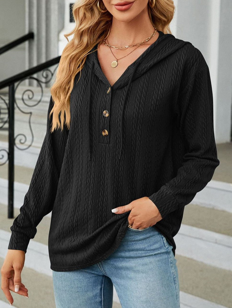 Textured Knit Button Placket Drawstring Hoodie - Black - 1