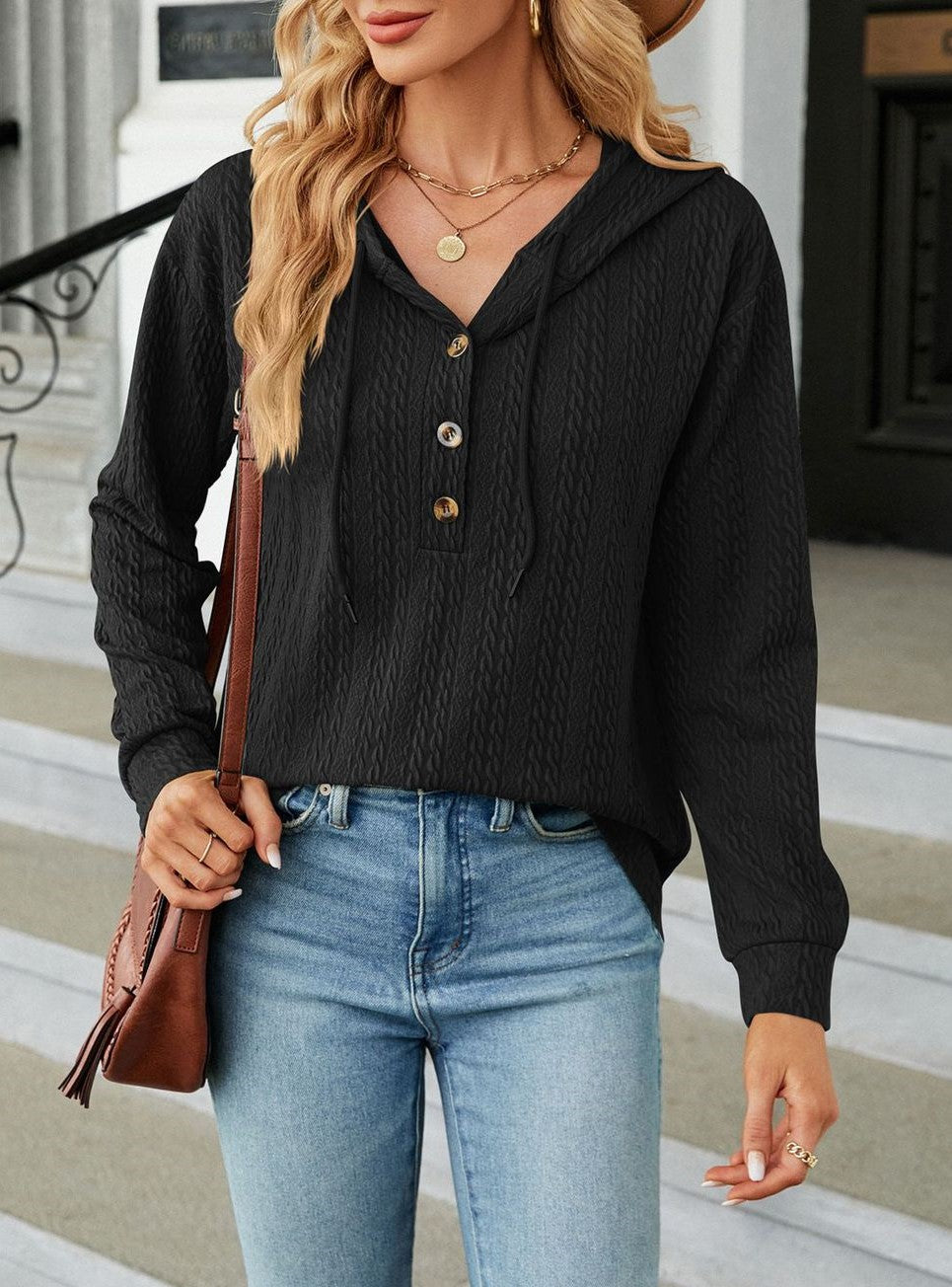 Textured Knit Button Placket Drawstring Hoodie - Black - 2