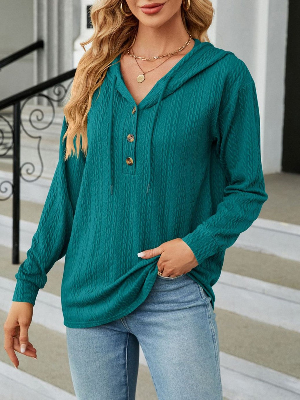 Textured Knit Button Placket Drawstring Hoodie - Darkgreen - 1