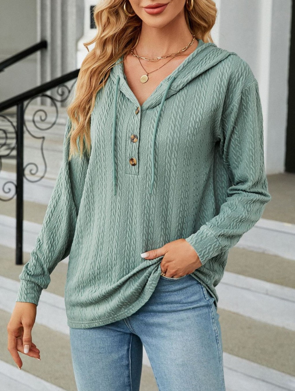 Textured Knit Button Placket Drawstring Hoodie - Green - 1