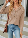 Textured Knit Button Placket Drawstring Hoodie - Khaki
