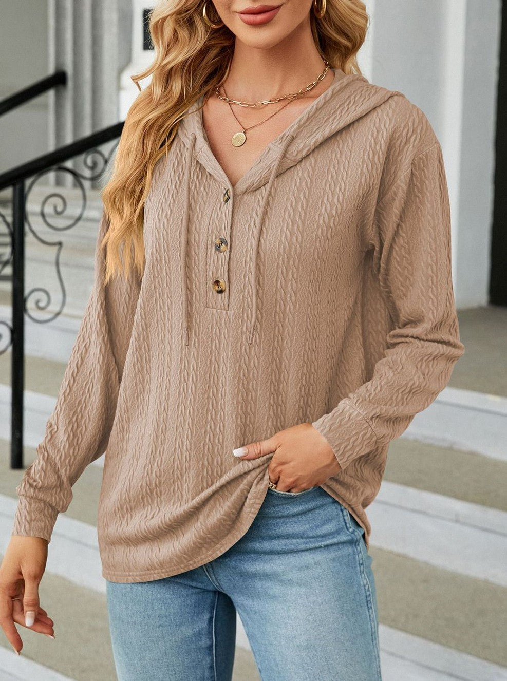 Textured Knit Button Placket Drawstring Hoodie - Khaki - 2