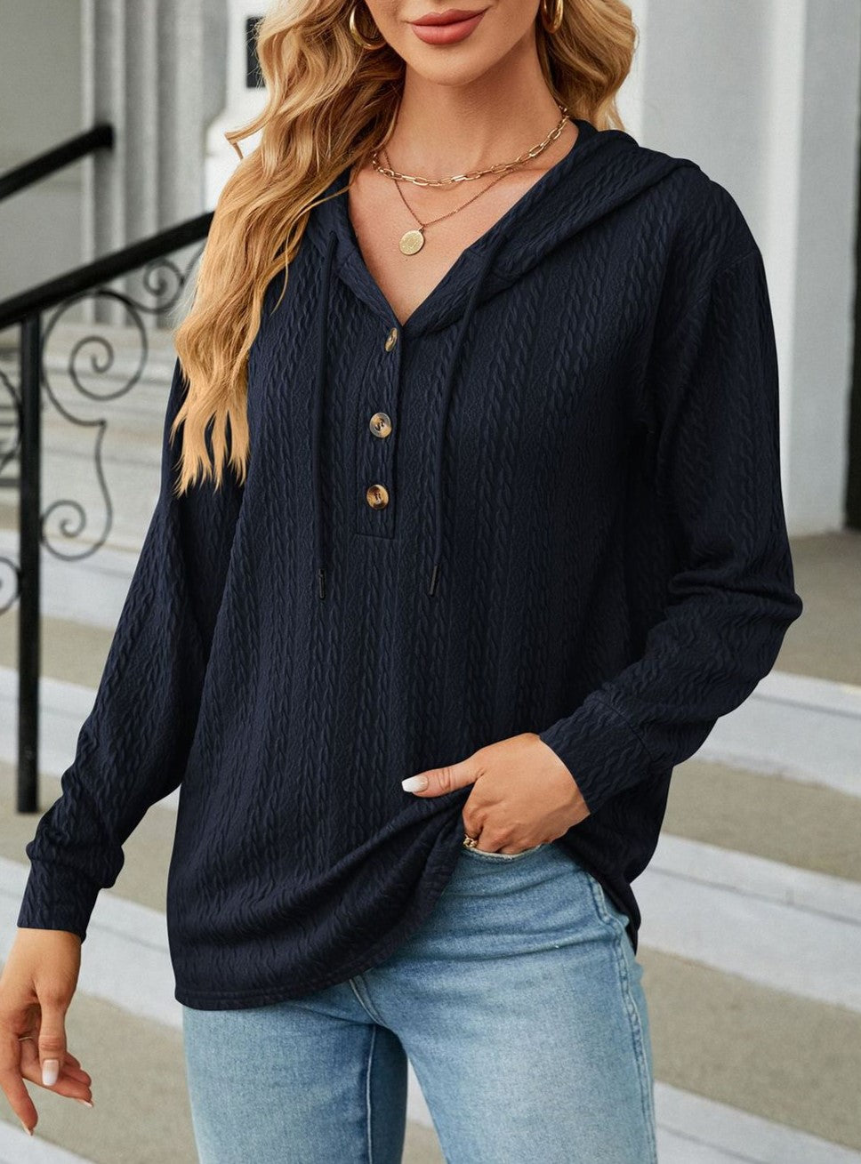 Textured Knit Button Placket Drawstring Hoodie - Navyblue - 2