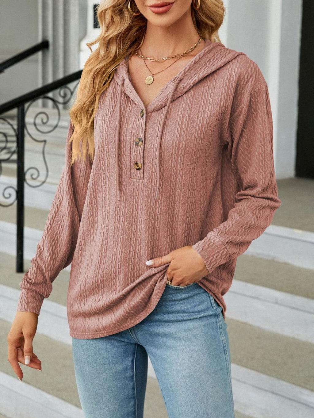 Textured Knit Button Placket Drawstring Hoodie - Pink - 2