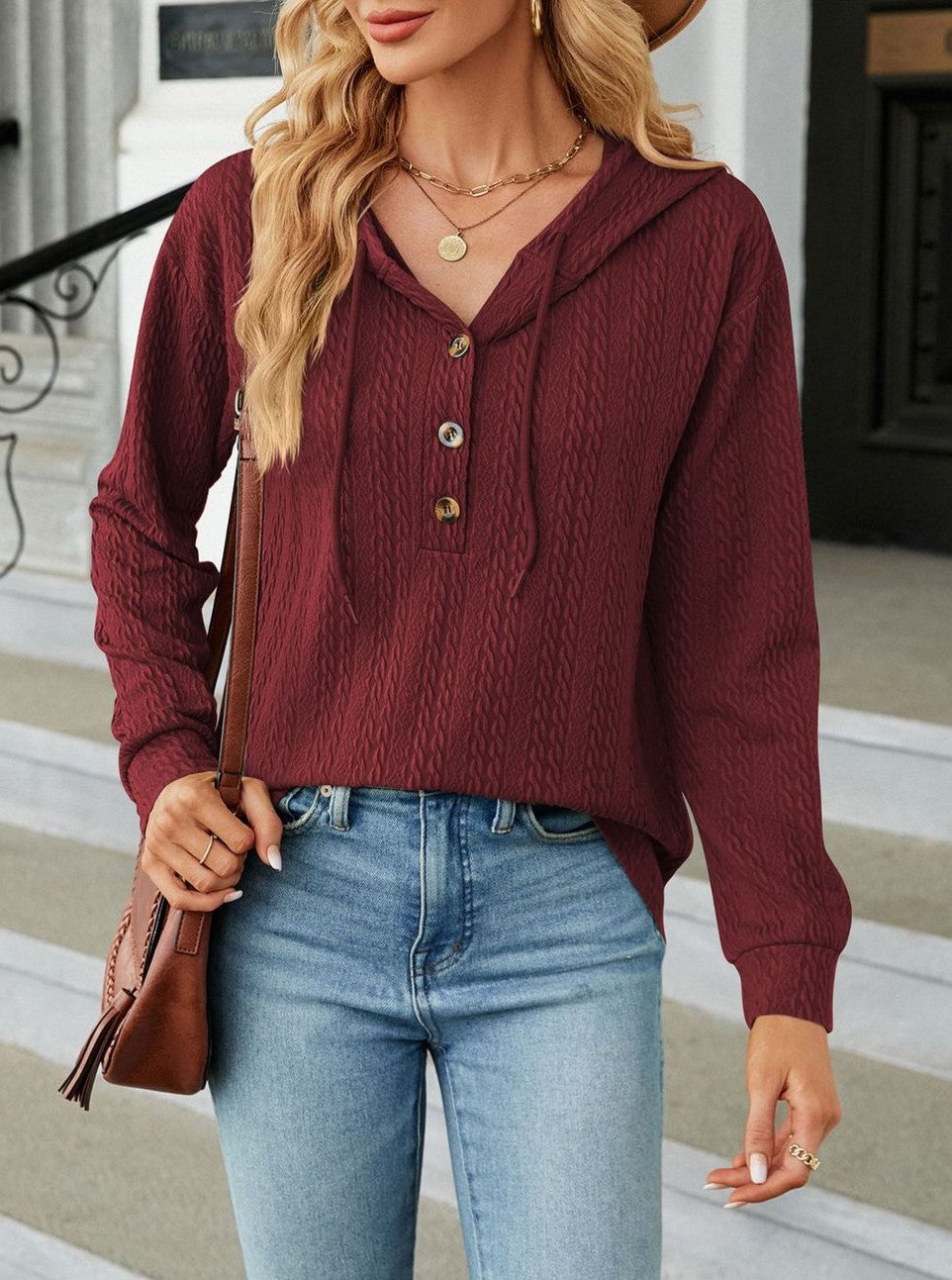 Textured Knit Button Placket Drawstring Hoodie - Winered
