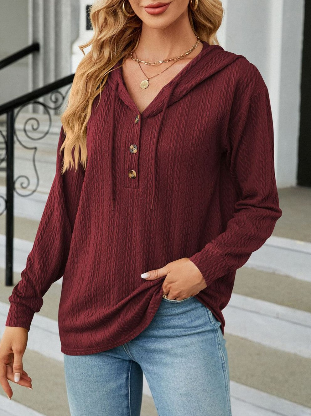 Textured Knit Button Placket Drawstring Hoodie - Winered - 1
