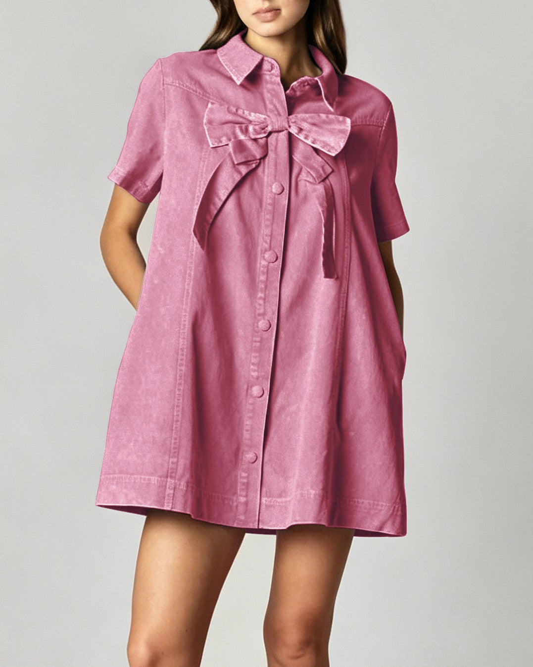 Bow-Trim Collared Coquette Loose Shirt Dress - Pink - 2