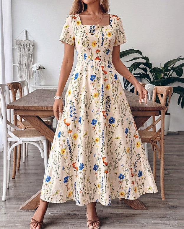 Boho Floral Flutter Sleeve Maxi Dress - Apricot