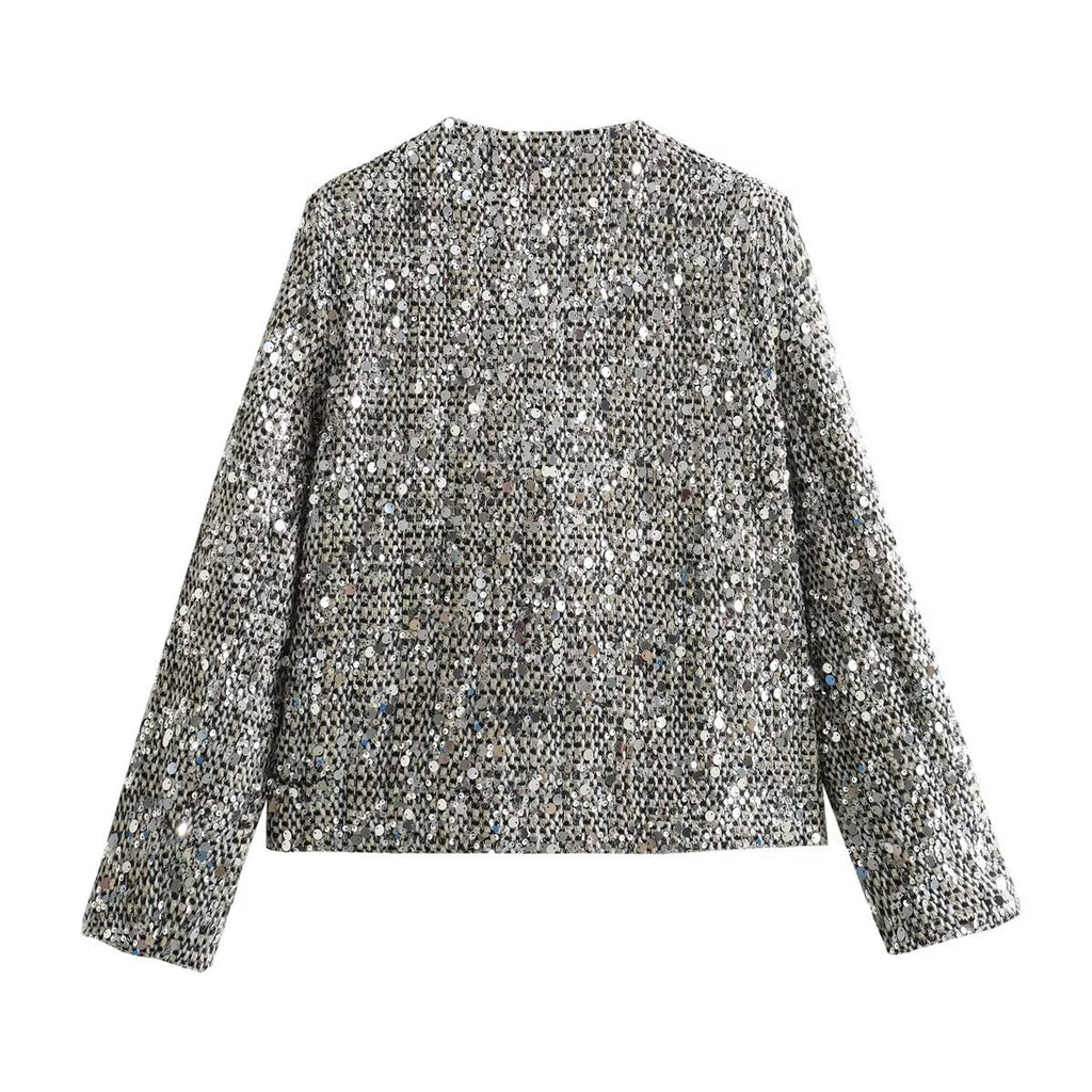Sequin Cropped Collarless Jacket - silver - 1