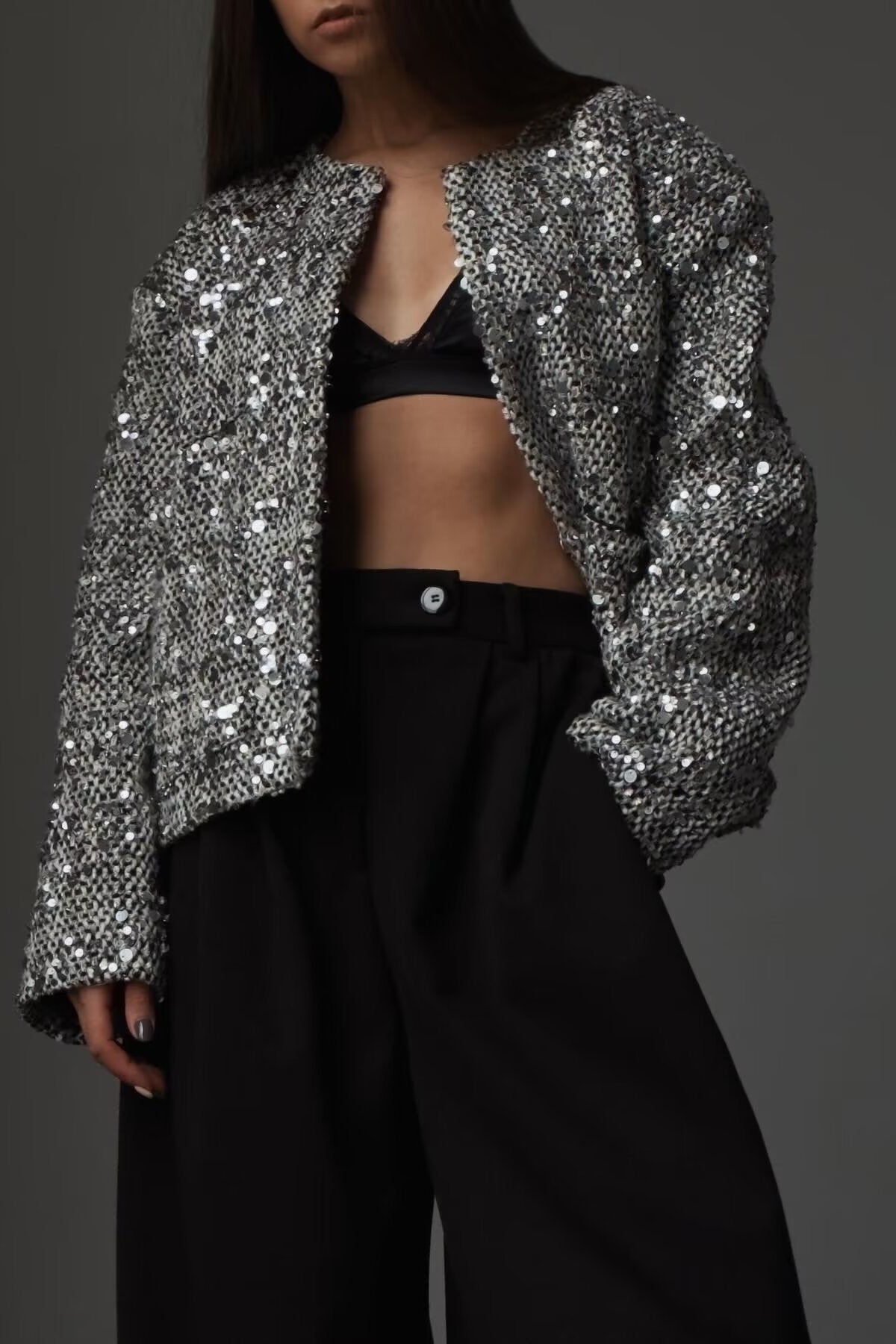 Sequin Cropped Collarless Jacket - silver - 10