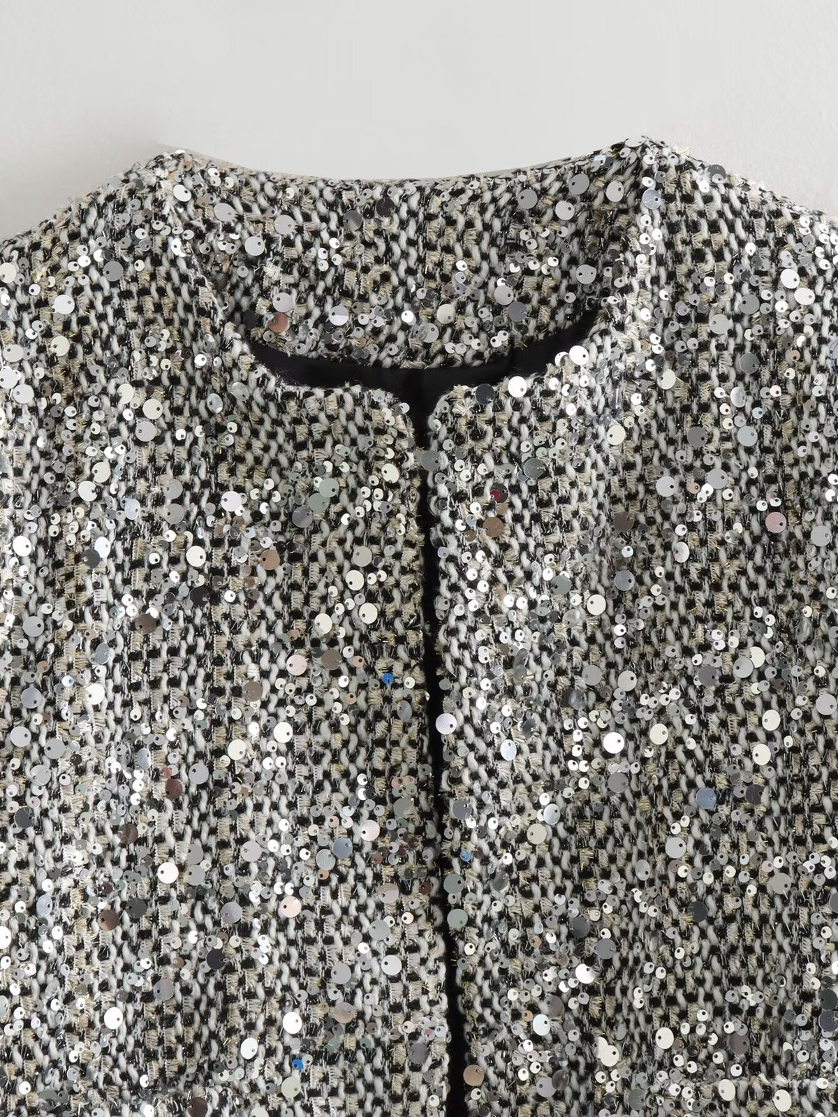 Sequin Cropped Collarless Jacket - silver - 2