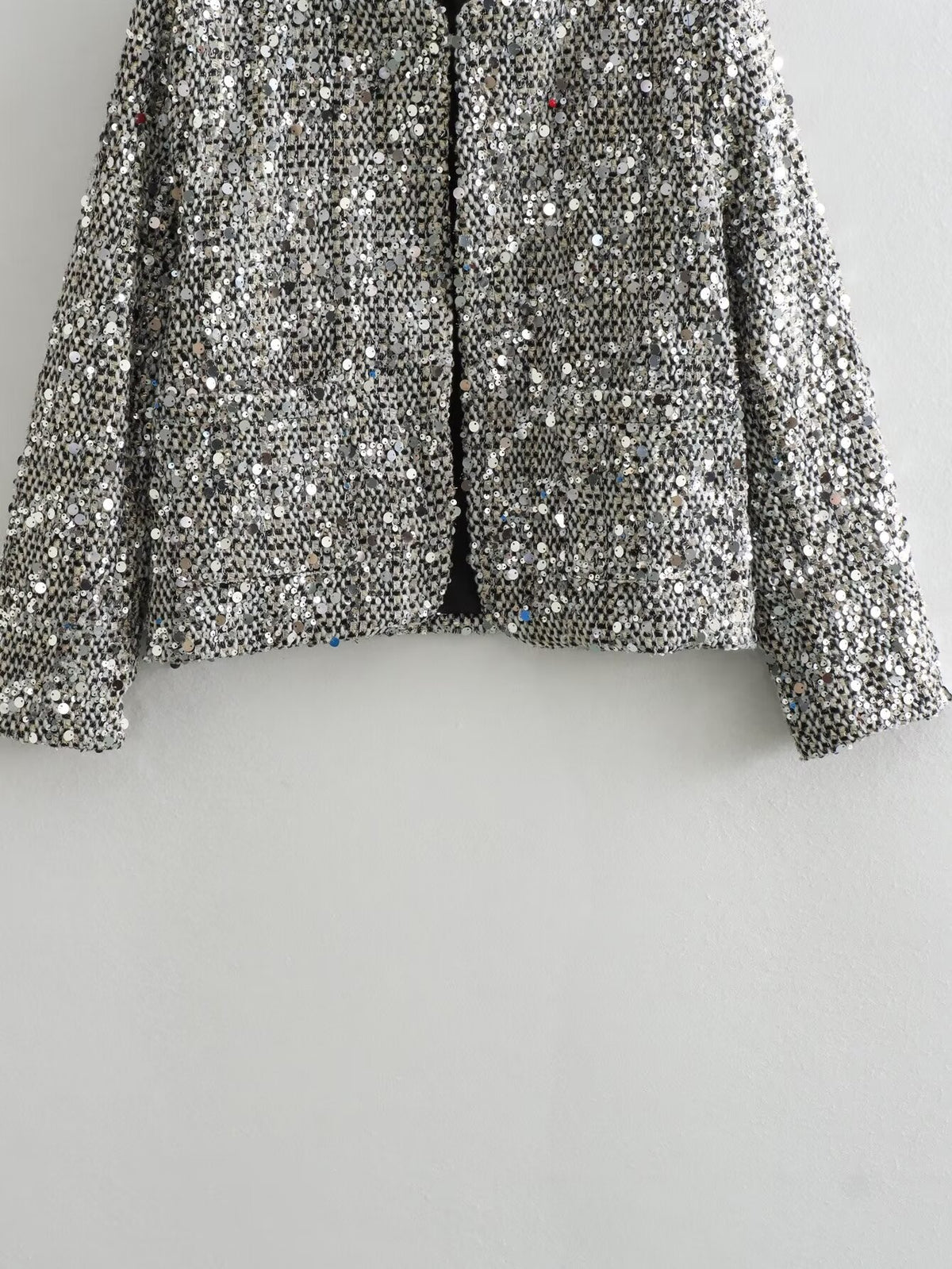 Sequin Cropped Collarless Jacket - silver - 3