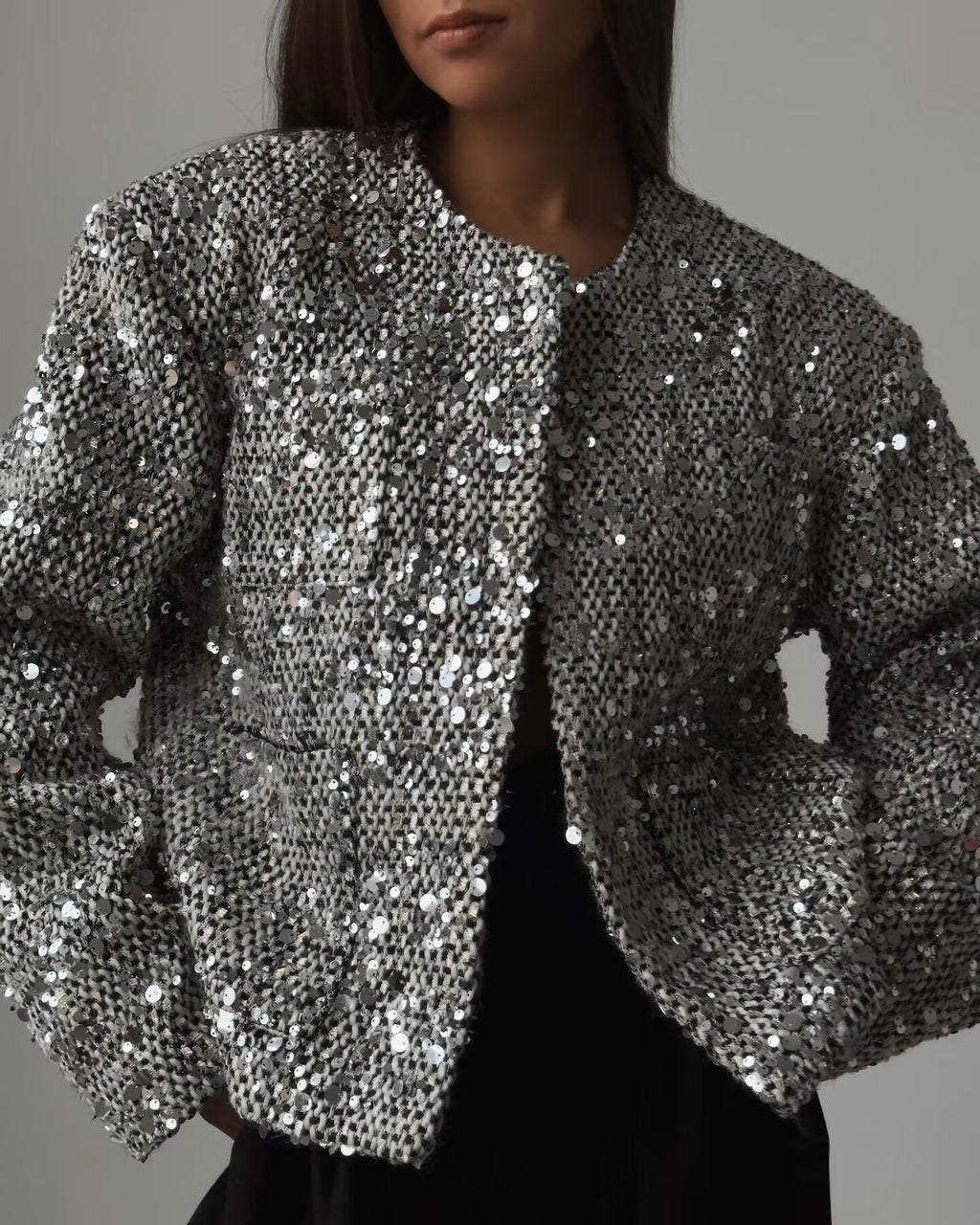 Sequin Cropped Collarless Jacket - silver - 8