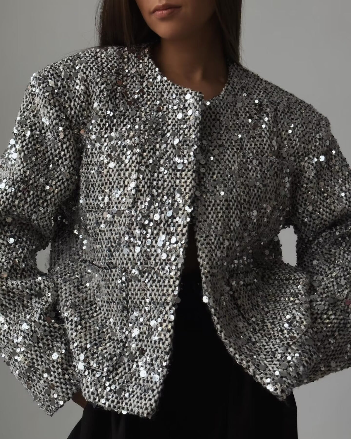 Sequin Cropped Collarless Jacket - silver - 8