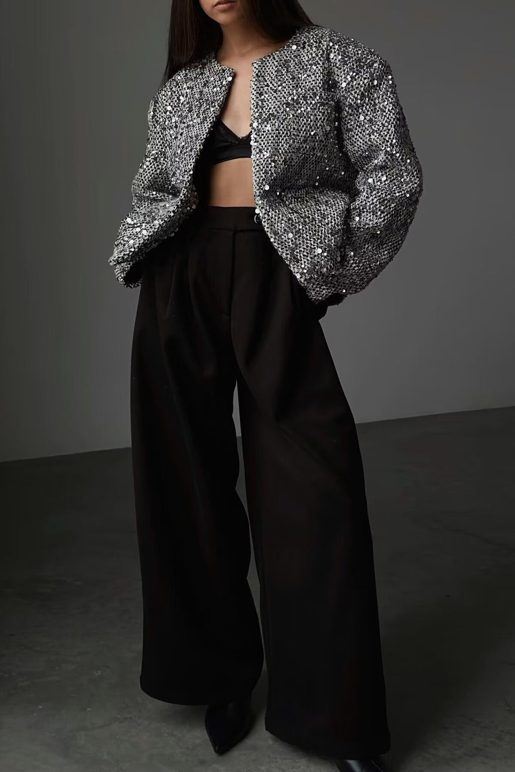 Sequin Cropped Collarless Jacket - silver - 9