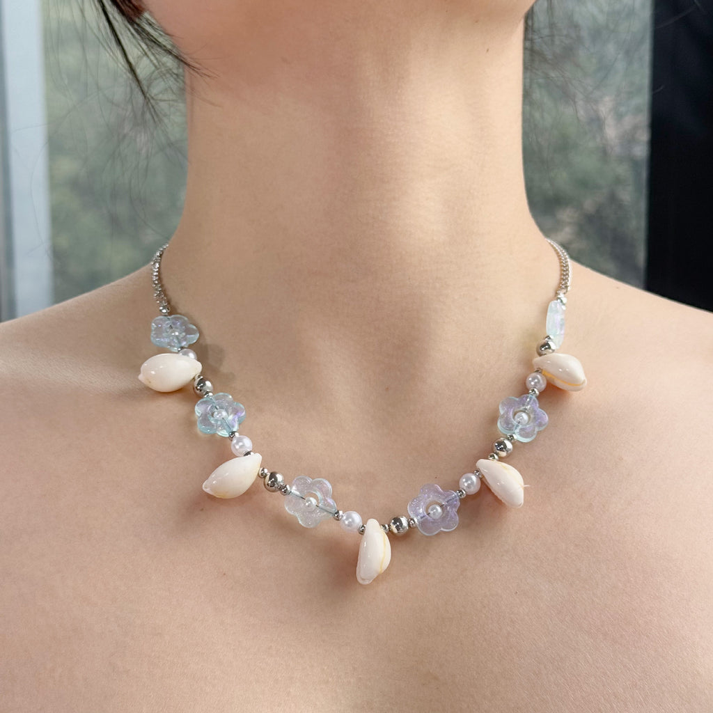 Shell Starfish Beaded Charm Necklace - Blue