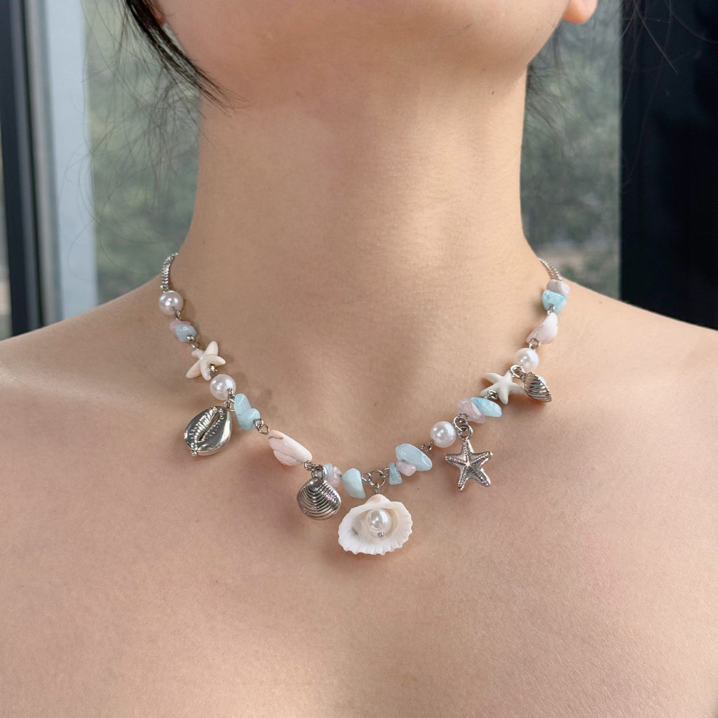 Shell Starfish Beaded Charm Necklace - Blue_Pink