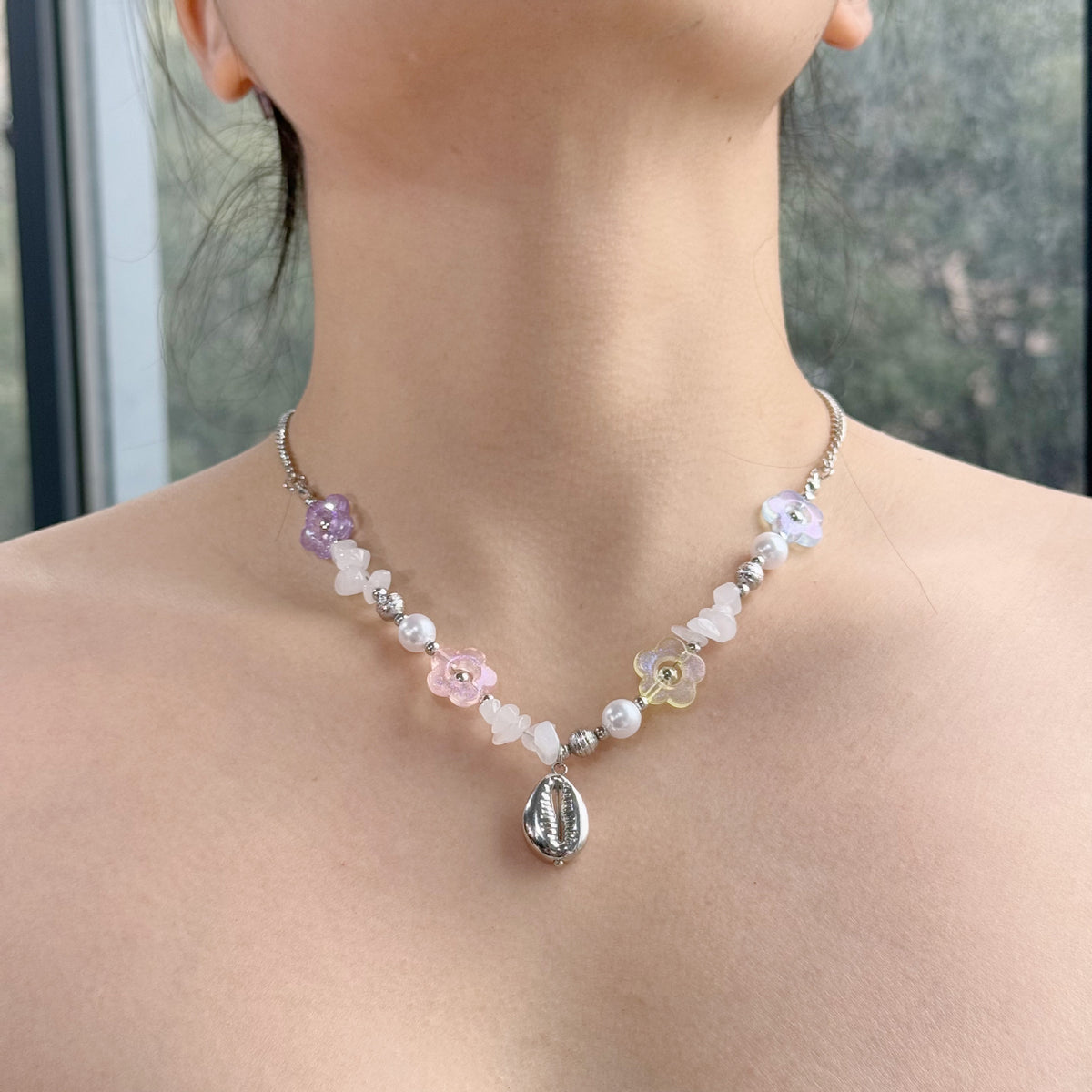 Shell Starfish Beaded Charm Necklace - Conch_Pink
