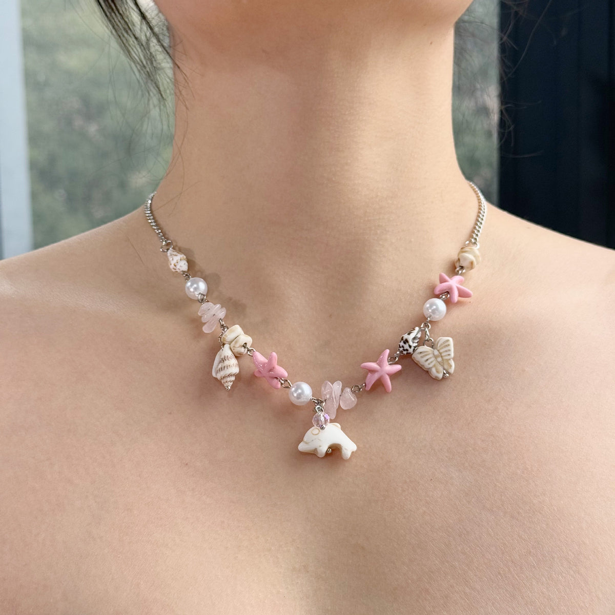 Shell Starfish Beaded Charm Necklace - Fish