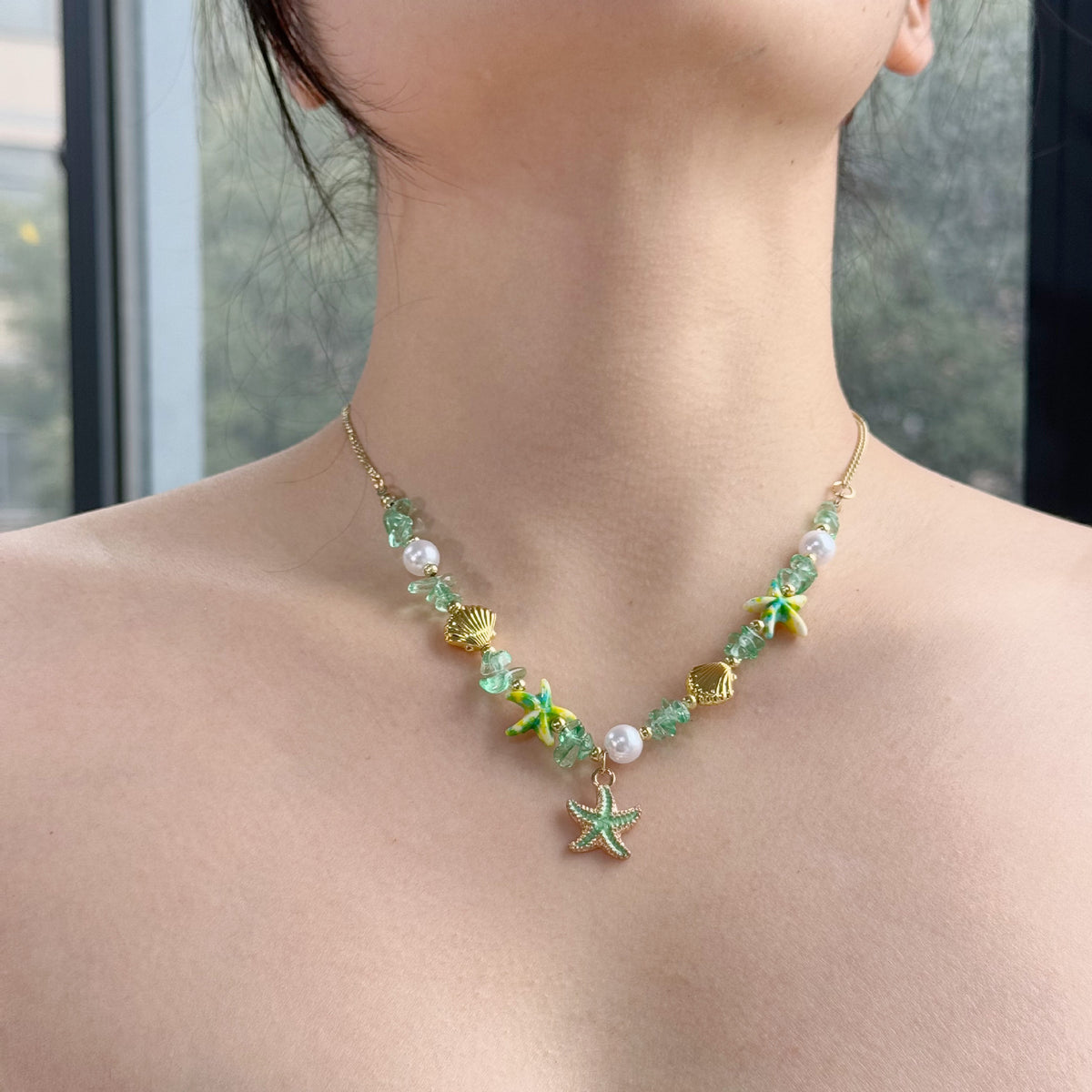 Shell Starfish Beaded Charm Necklace - Green