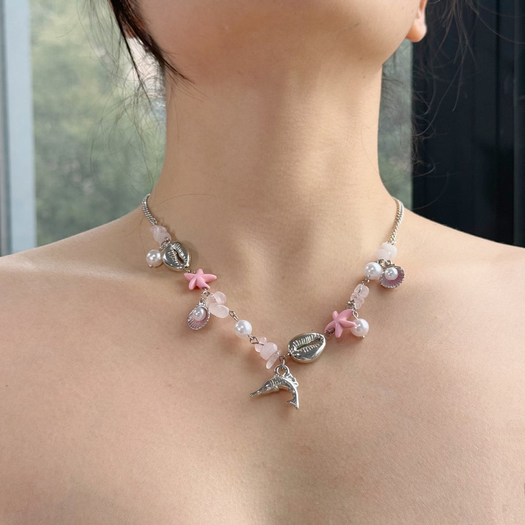 Shell Starfish Beaded Charm Necklace - Pink