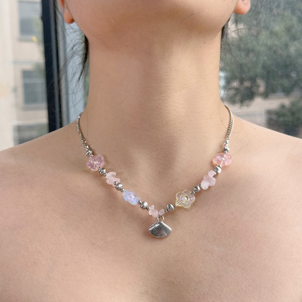 Shell Starfish Beaded Charm Necklace - Shell_Pink