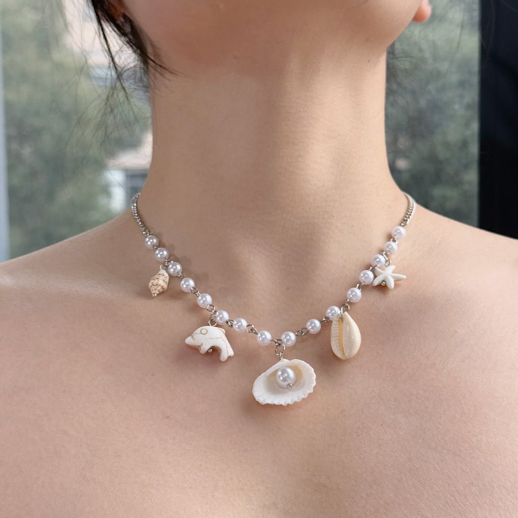 Shell Starfish Beaded Charm Necklace - White