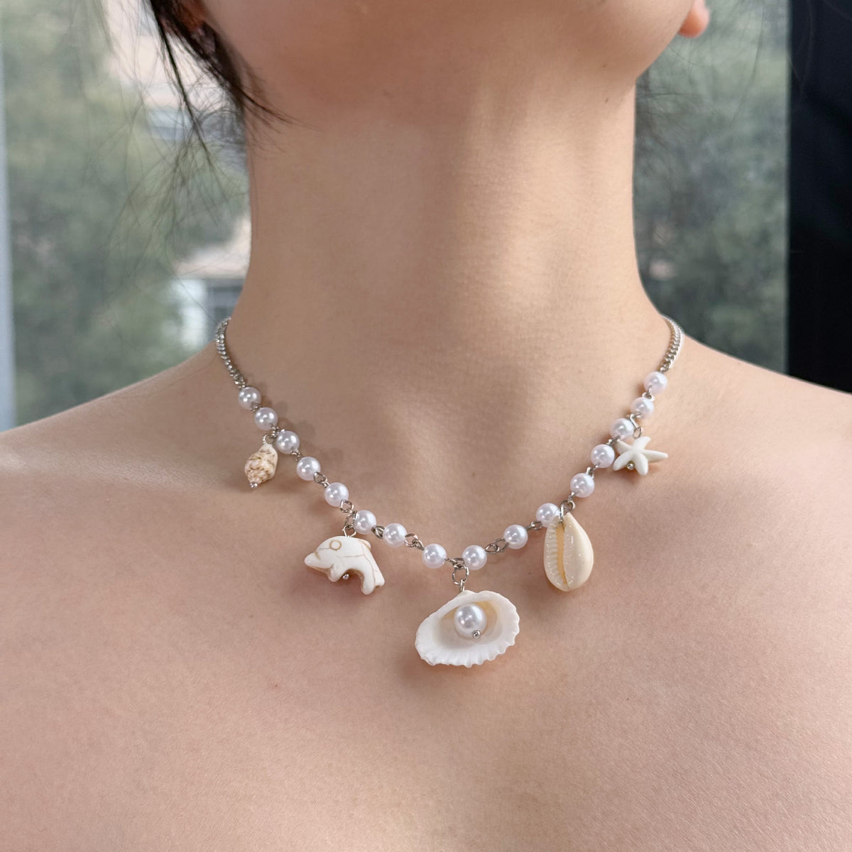Shell Starfish Beaded Charm Necklace - White