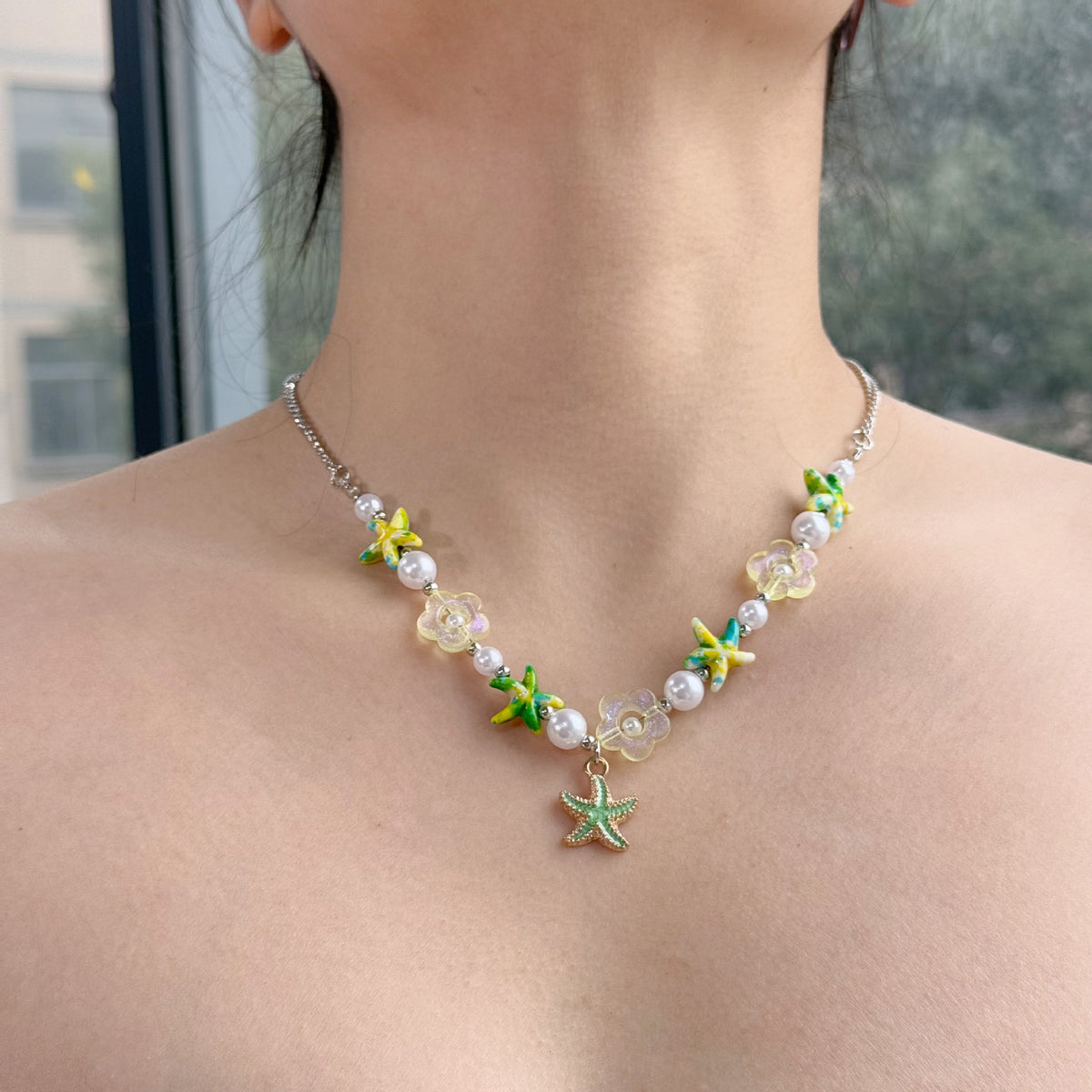 Shell Starfish Beaded Charm Necklace - White_Green