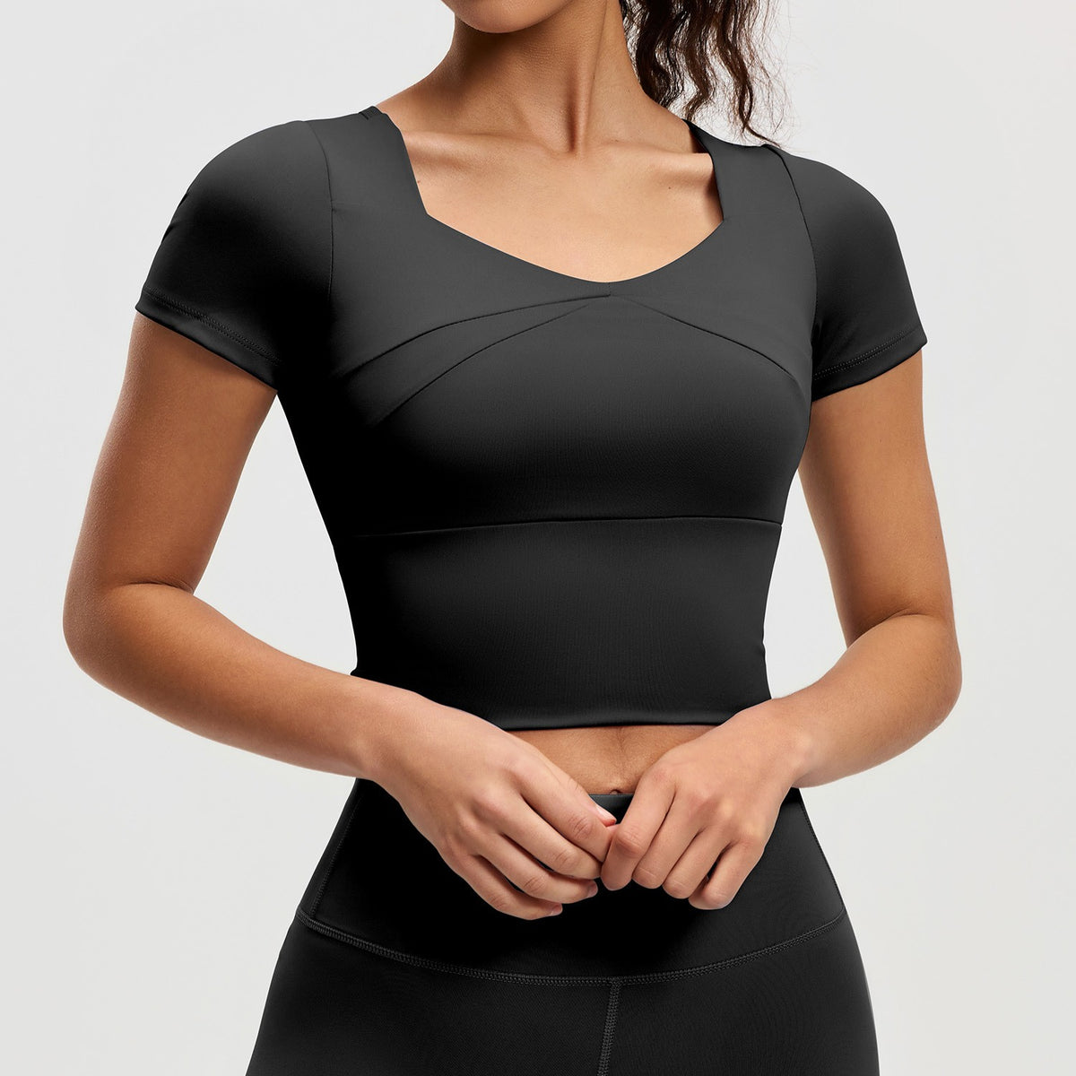 Sweetheart Neck Padded Cropped Workout Tee - Black
