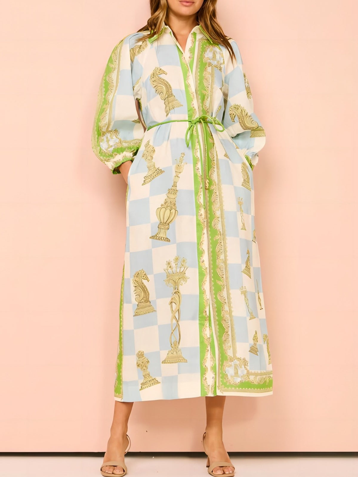 Printed Linen Belted Maxi Shirt Dress - Decor