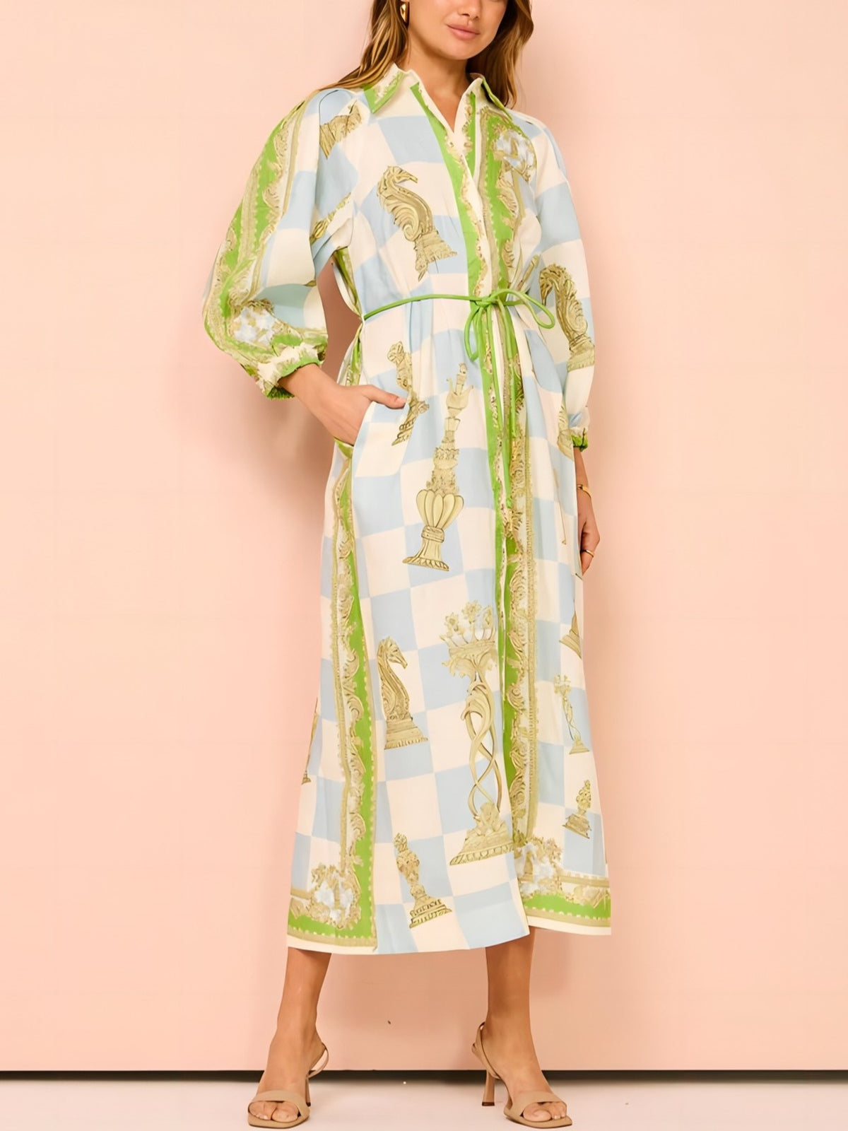Printed Linen Belted Maxi Shirt Dress - Decor - 1