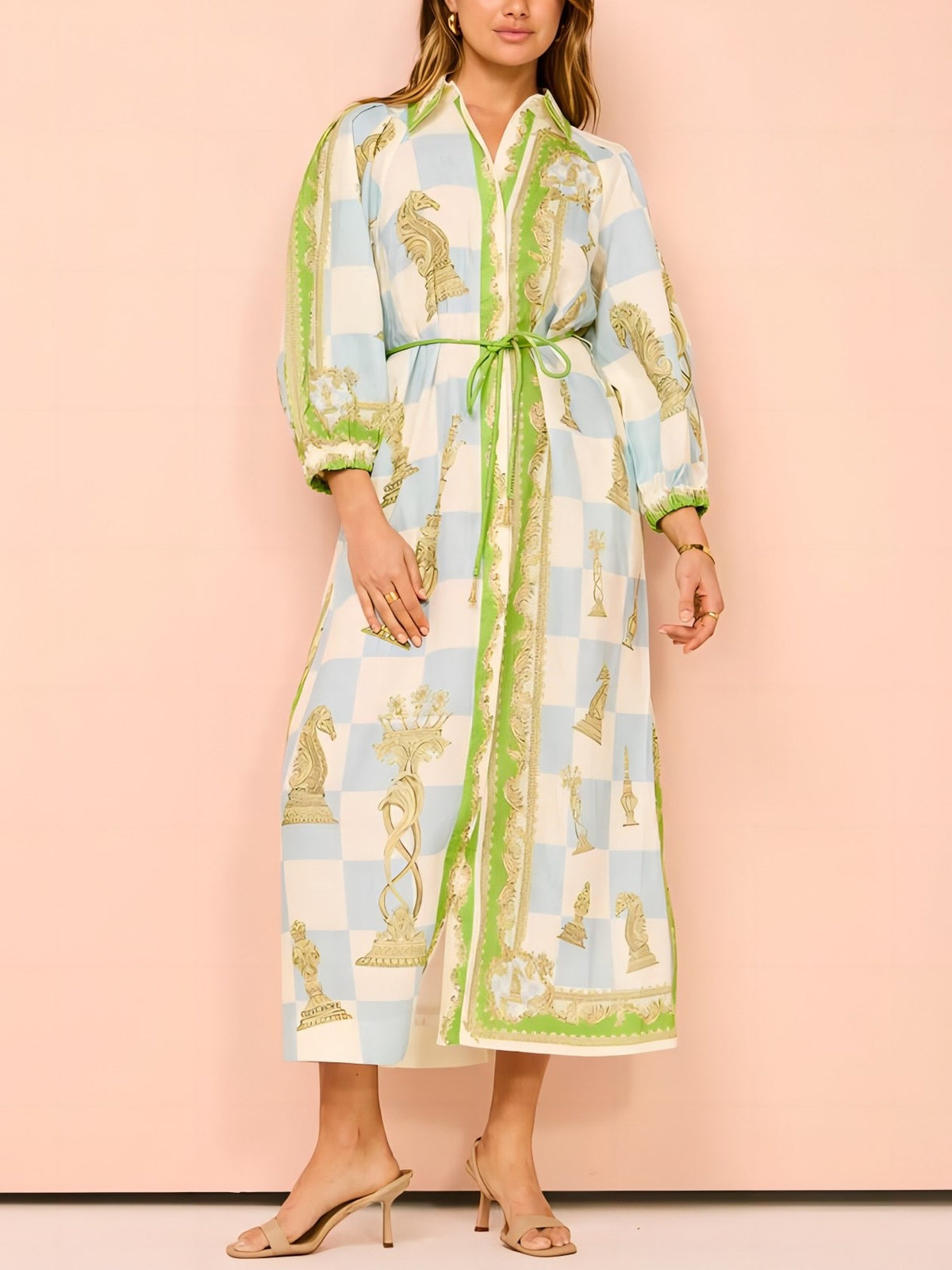 Printed Linen Belted Maxi Shirt Dress - Decor - 2