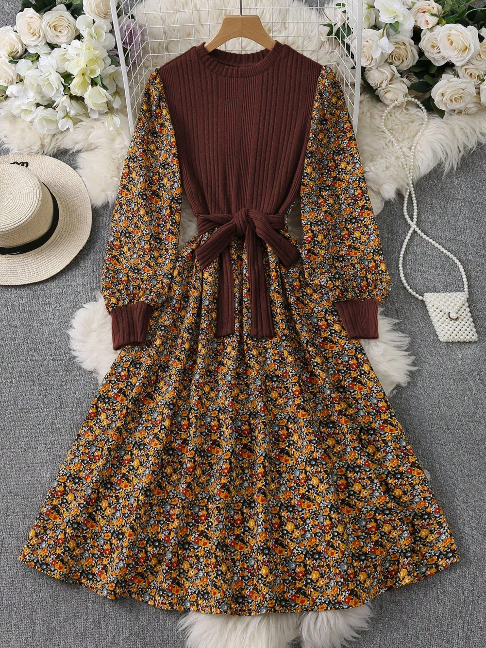 Ditsy Floral Knit Panel Midi Dress - Brown