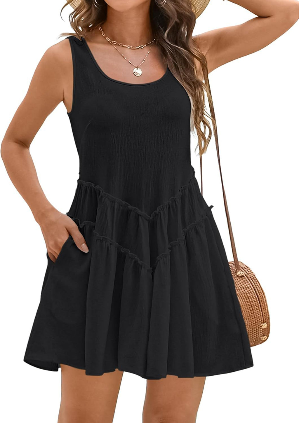 Scoop Neck Tiered Tank Sundress With Pockets - Black