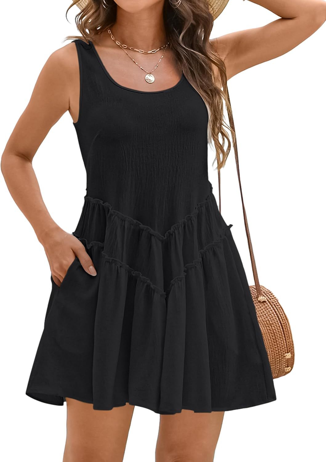 Scoop Neck Tiered Tank Sundress With Pockets - Black