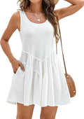 Scoop Neck Tiered Tank Sundress With Pockets - White
