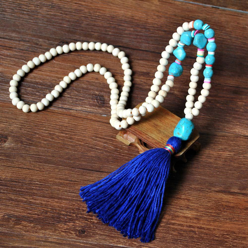 Wood Bead Tassel Long Boho Necklace - Blue