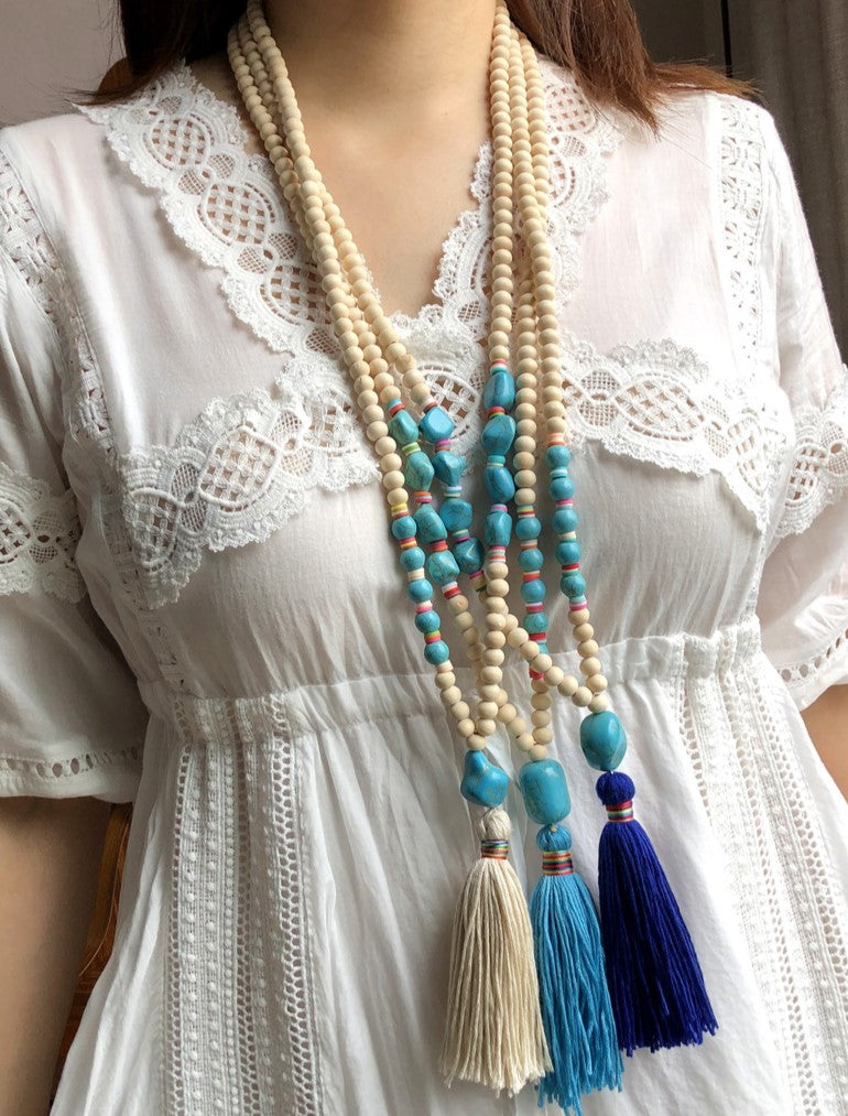 Wood Bead Tassel Long Boho Necklace - Blue - 1