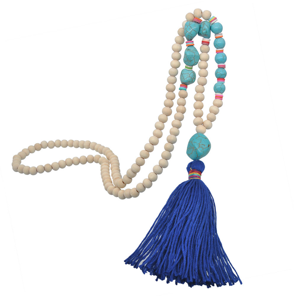 Wood Bead Tassel Long Boho Necklace - Blue - 2