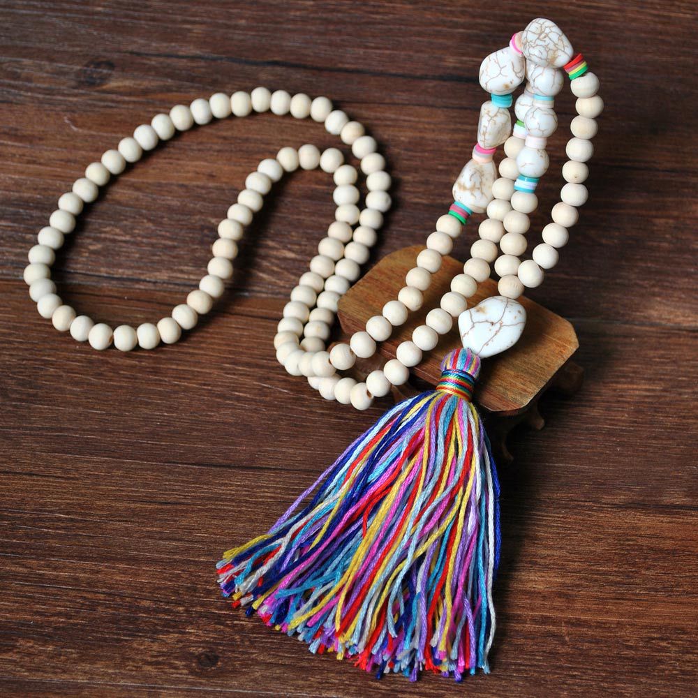 Wood Bead Tassel Long Boho Necklace - Red