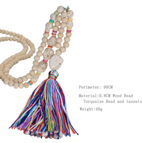 Wood Bead Tassel Long Boho Necklace - Red - 2