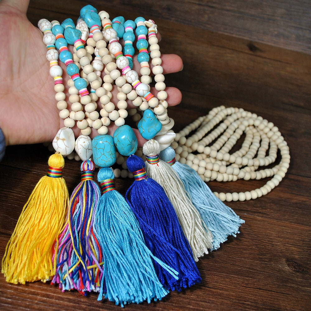Wood Bead Tassel Long Boho Necklace - Red - 3