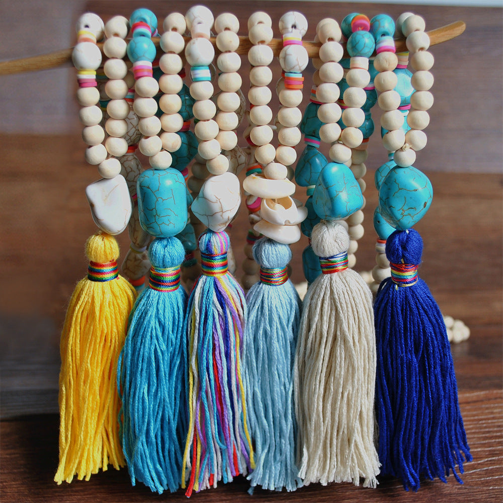 Wood Bead Tassel Long Boho Necklace - Red - 4